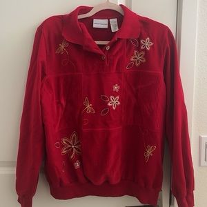 Red Vintage Long Sleeve Sweater by Alfred Dunner, Stitched Flowers & Butterflies